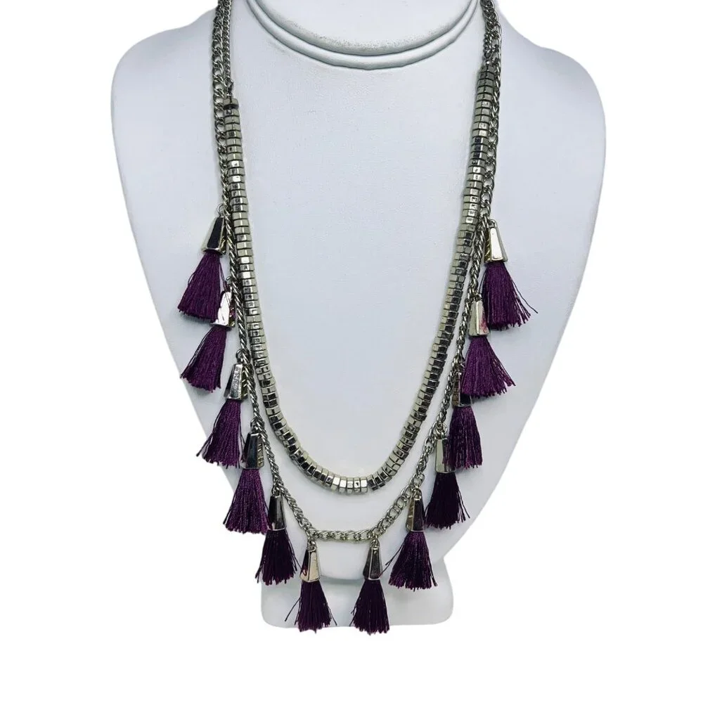 Double Strand Gold Tone Curb Chain Statement Necklace With Purple Tassels (5452) - Picture 1 of 8